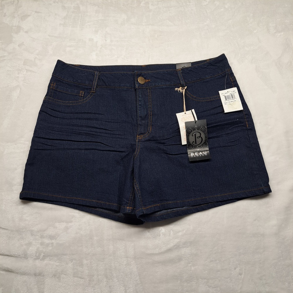 Beau Dawson Denim Shorts Womens 14 Dark Indigo New Embroidered Stretch Whiskered